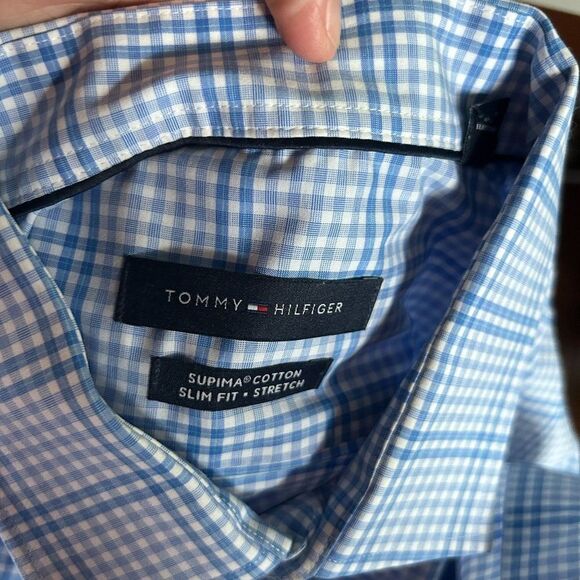 Tommy Hilfiger Large (16 1/2 / 34/35) Blue White Checked Long Sleeve Button Fron - Picture 3 of 9